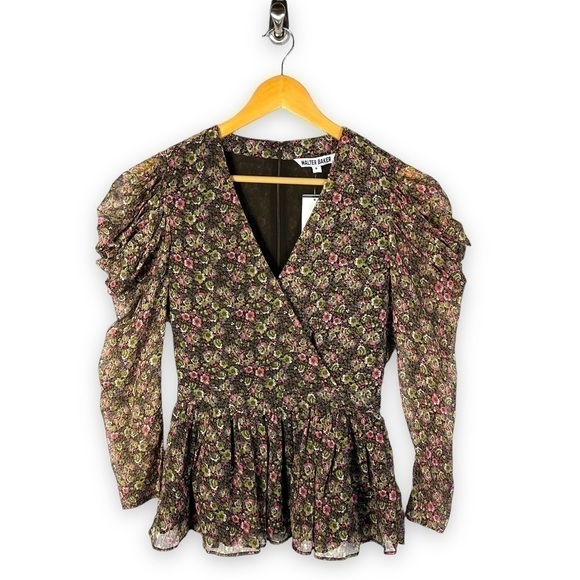 Walter Baker Rita Wrap Effect Georgette Peplum Top, Multicolor Floral, Size S - Picture 2 of 11